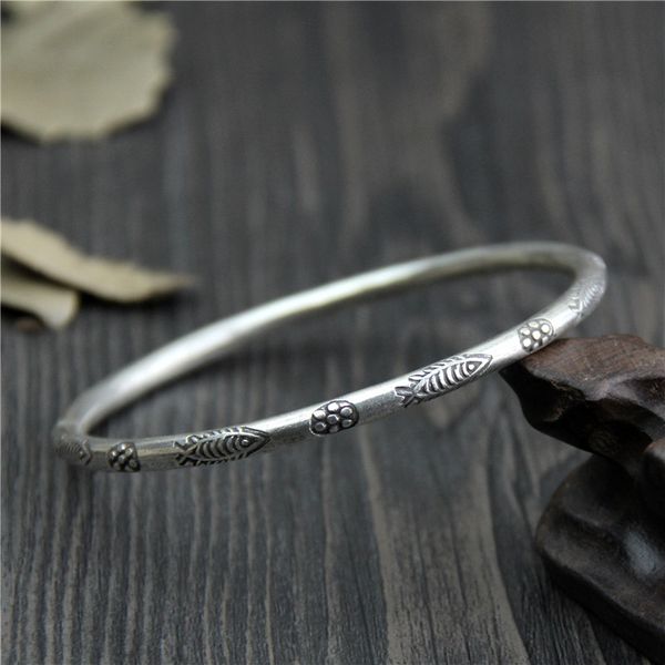 

c&r real 999 sterling silver bangle bracelet for women hand-carved fish thai silver bangles vintage fine jewelry, Golden;silver