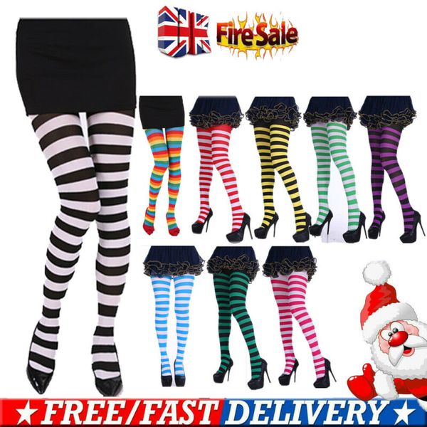 

women girl elf xmas bee striped colourful pantyhose tights costume stockings, Blue