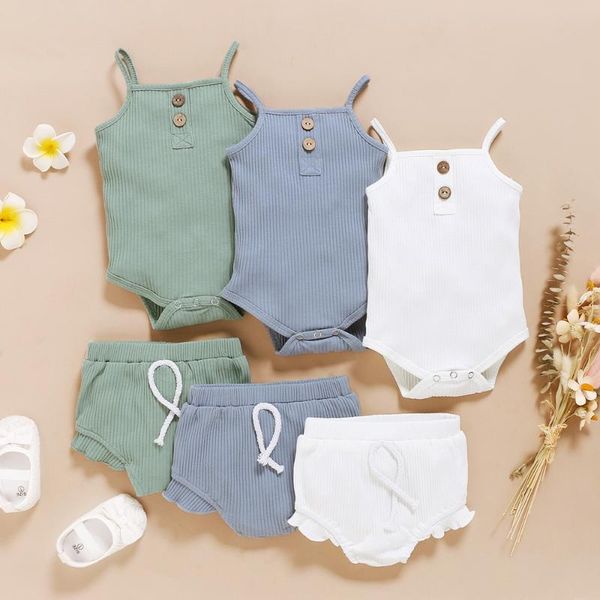 

2020 toddler baby boys girls summer clothing newborn kids baby girls ribbed knitted sleeveless t-shirts+shorts tracksuits sets 3, White