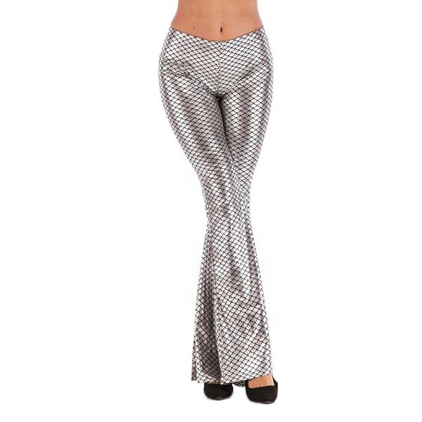 

silver mermaid scale holographic high waisted wide leg pant party halloween costumes yoga bell bottoms flare pants stage wear, Black;red