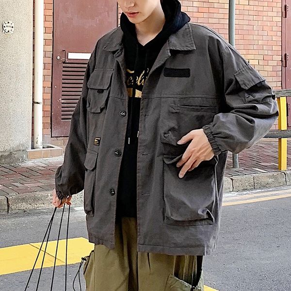 

autumn new tooling jacket men fashion solid color casual cotton multi-pocket jacket man streetwear hip-hop loose bomber, Black;brown