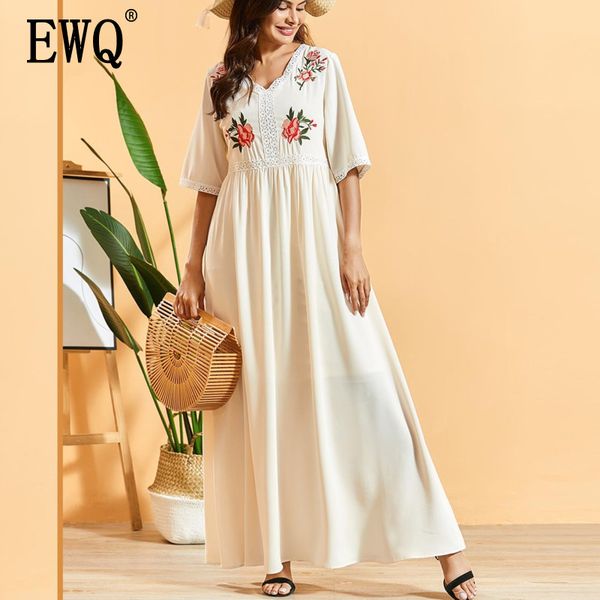

ewq] 2020 spring summer new arrivals v-neck half sleeve lace patchwork embroidery print pattern women casual dress ay70912m, White;black
