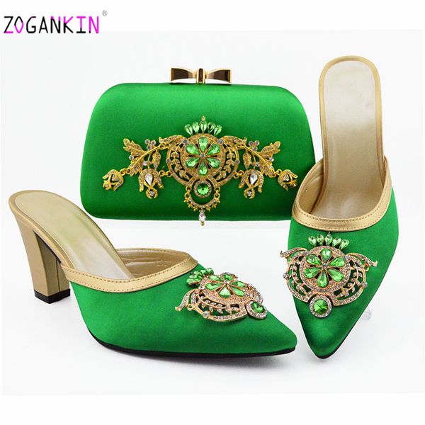 

special design elegant green color shoes and bag to match set italian square heels party shoes and bag set for wedding dress, Black