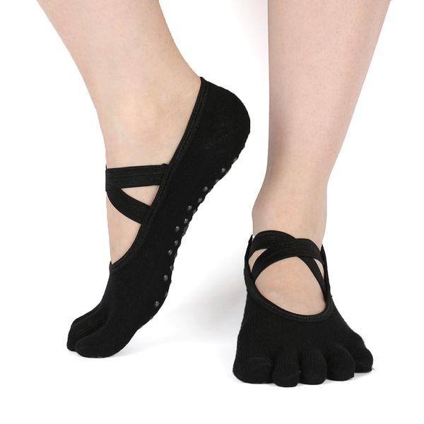 

womens yoga socks five fingers breathable dance gym ballet pilates non slip sock fitness silicone cotton 5toe backless socks new, Black