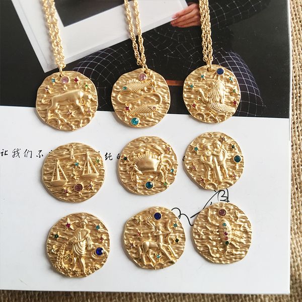 

jryfac gold pendant mosaic necklace zodiac constellation baroque dream new vintage embossed coin sweater necklace wholesale gift, Silver