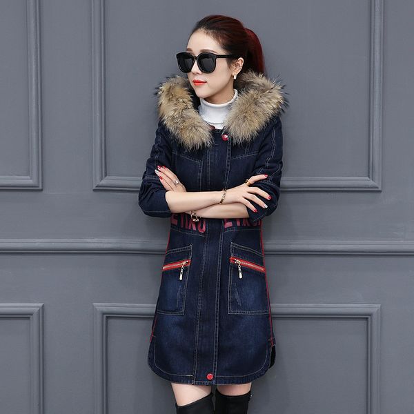 

denim jackets women plus velvet thick warm cotton outerwear 2019 new winter medium long fur collar hooded female parkas jia397, Tan;black