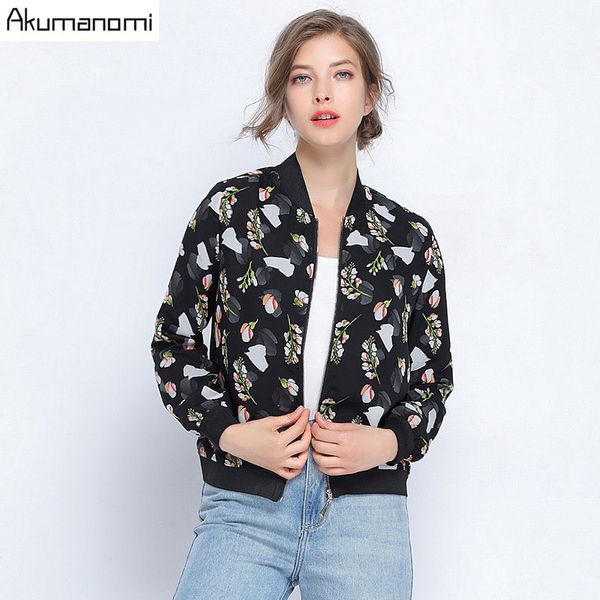 

print bomber jacket women flowers zipper up retro coat spring 2019 autumn long sleeve basic plus size short biker jackets female, Black;brown