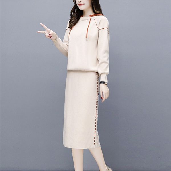 

hooded lazy oversize sweater suit dress women casual loose sweater +straight skirt with pocket female set dress, White