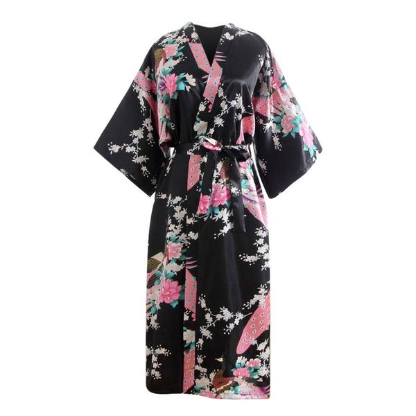 

women kimono bathrobe printing blossom kimono dressing gown bath robe with belt lingerie nightdress nightgown sleepwear, Black;red