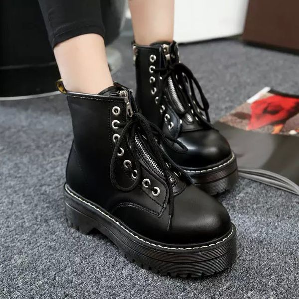 

new women's shoes boots thick-soled boots british windy side zipper, Black