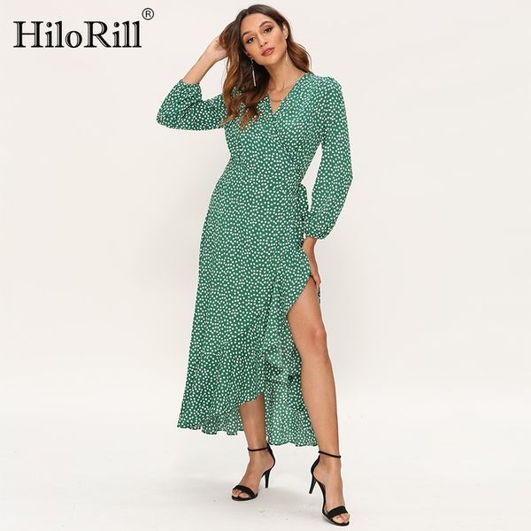 

bohemian long dress women 2020 floral print ruffle long sleeve maxi dress side split v neck beach wrap dresses vestido, Black;gray