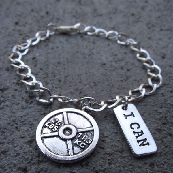 

ancient silver dumbbells i can letter tag charm bracelet sporty style fitness creative designer bracelet women men jewelry sport gym gifts, Golden;silver