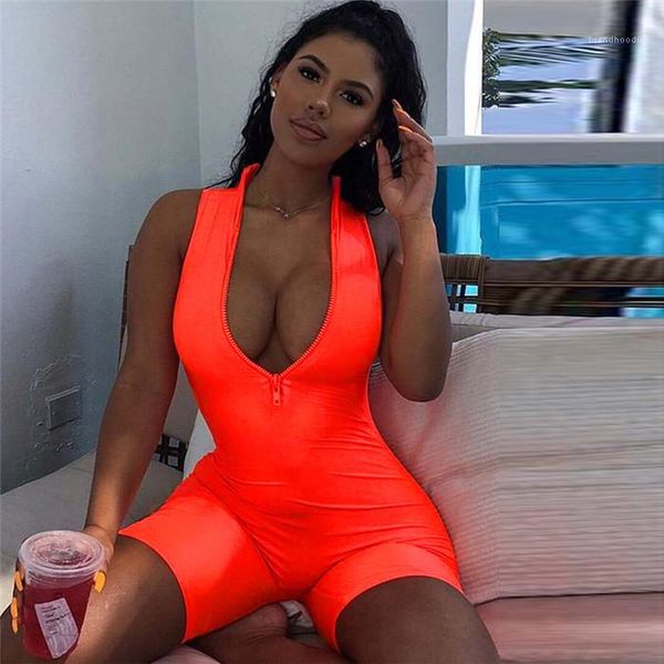 

bodycon jumpsuits women designer zipper sleeveless short jumpsuits slim sports rompers fluorescent color v neck, Black;white