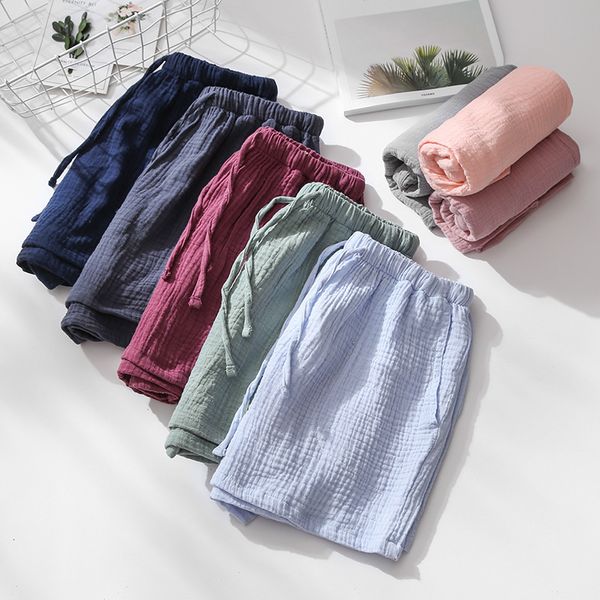 

summer couple cotton crepe gauze pajama pants men and women sleep shorts women sleeping pajamas shorts lounge bottoms sleep wear, Black;red