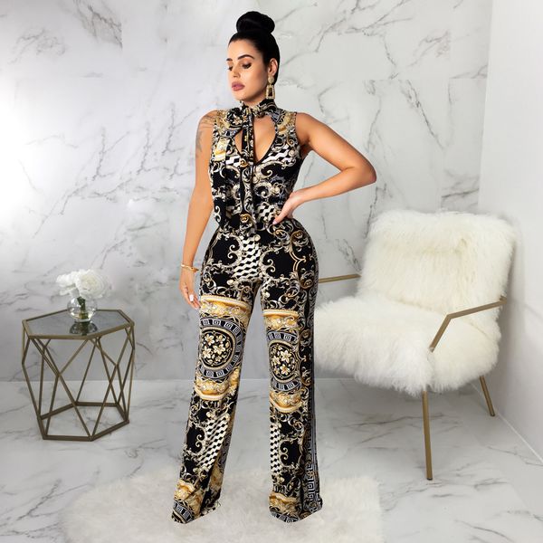 

Digital Printed Jumpsuits For Women Summer Clothing Sexy Black Nightclub Wearing Full Length Apparel