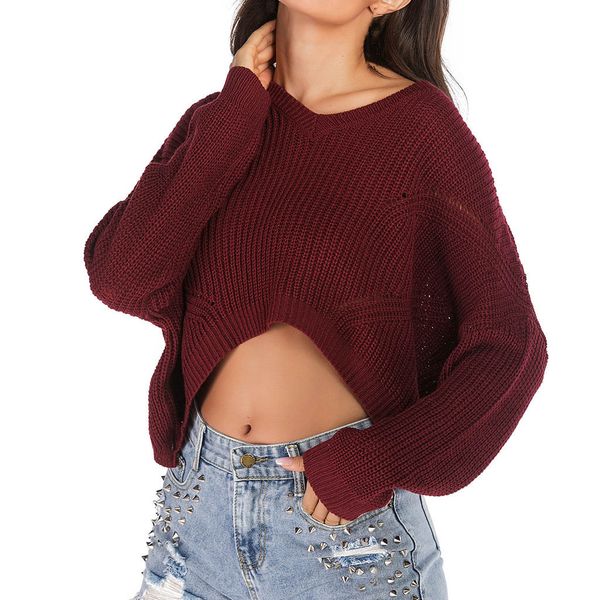 

fashion women irregular v-neck long sleeve short blouse female solid color umbilical knit sweater ropa mujer invierno, White;black