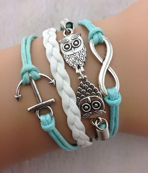 

5 colors mix 25pcs lot christmas gift infinity faith owl & anchor bracelet-antique silver charm bracelets karma bracelets hy182, Golden;silver