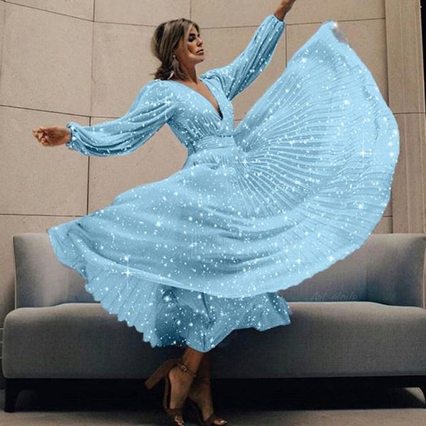 

cover-ups long sleeve dress women v-neck waist retro blue party luxury 2021