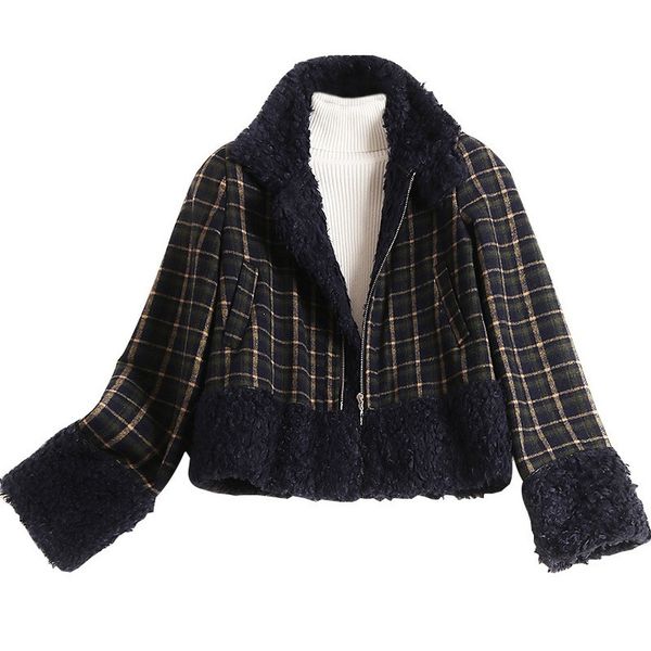 

chic winter contrast color check coat overcoat woman lapel lamb wool jacket plaid short loose casual baseball coat padded, Black