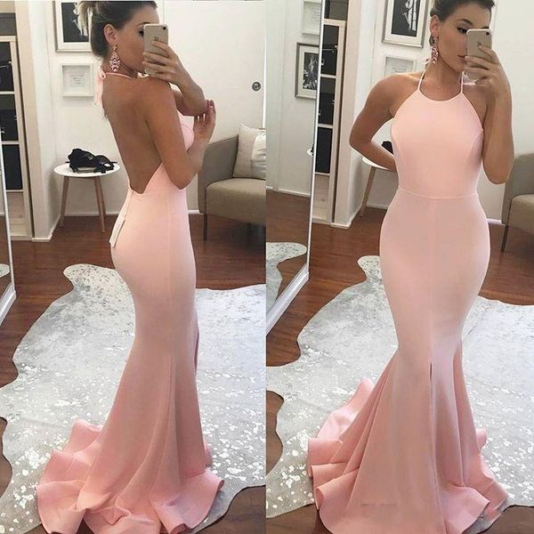 

arabic prom dresses mermaid jewel halter sleeveless backless zipper satin pink floor-length party dress, Black