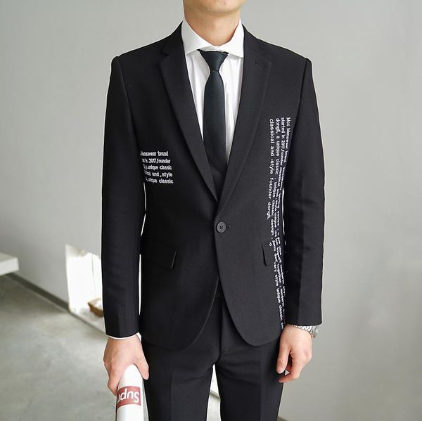 

british fashion men's suit korean slim letter embroidery suit two piece business casual hairdresser, White;black
