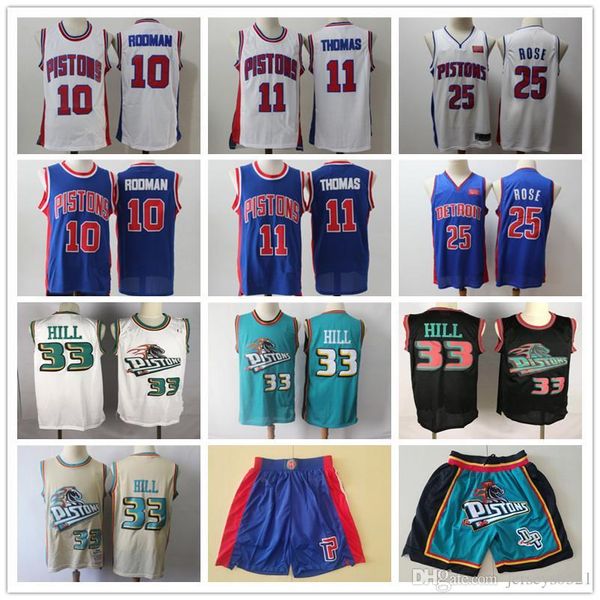

mens detroit pistons throwback grant 33 hill isiah 11 thomas dennis 10 rodman derrick 25 rose basketball shorts basketball jerseys, Black;red