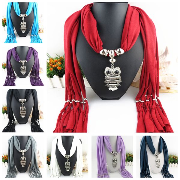 

new design alloy owl women pendant scarf lady necklace scarves wraps retro nighthawk tassels hip hop street scarf le377, Red;brown