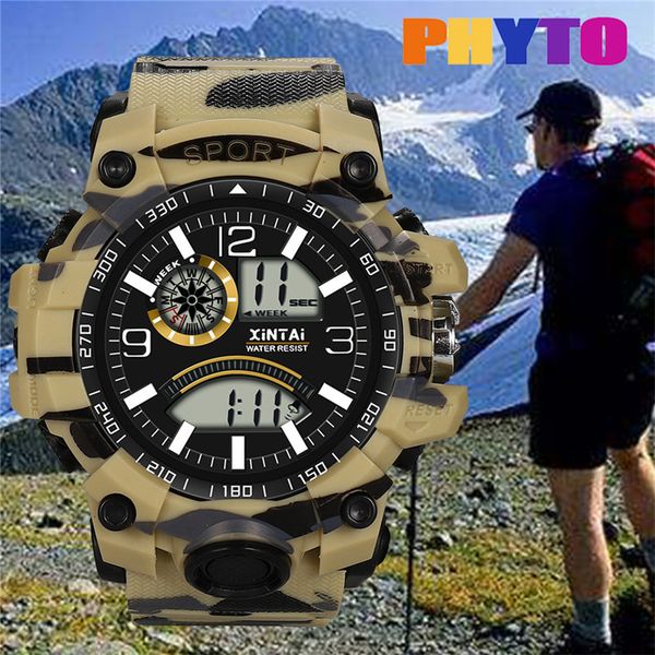 

2019 fashion high-end multi-function 30m sport waterproof electronic watch camouflage men's outdoor sport women's watch clock, Slivery;brown