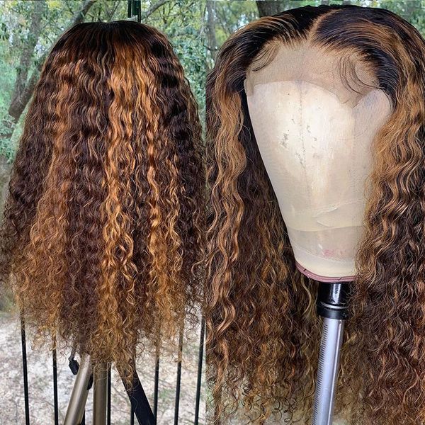 

360 lace frontal highlight color ombre blonde human hair wig glueless with baby hair for women curly, Black;brown