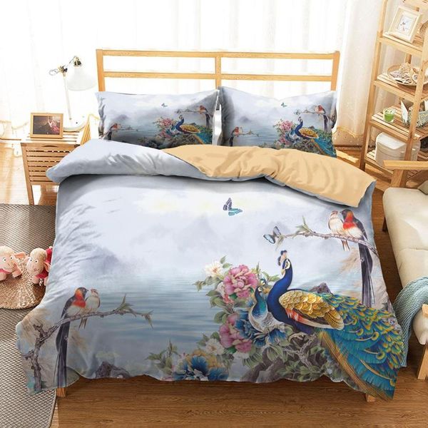 

bed cover 3d home textile peacocks and magpie pattern blue bedding clothes with pillowcases king  size