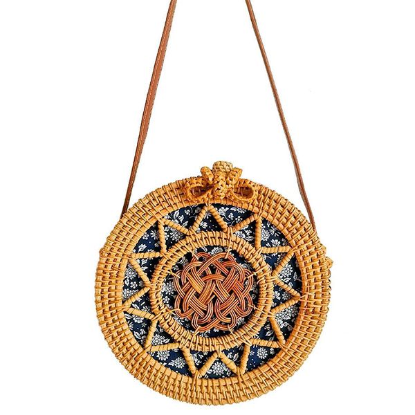 

women handwoven rattan round bag shoulder leather straps for outdoor leisure bag color: sun flower