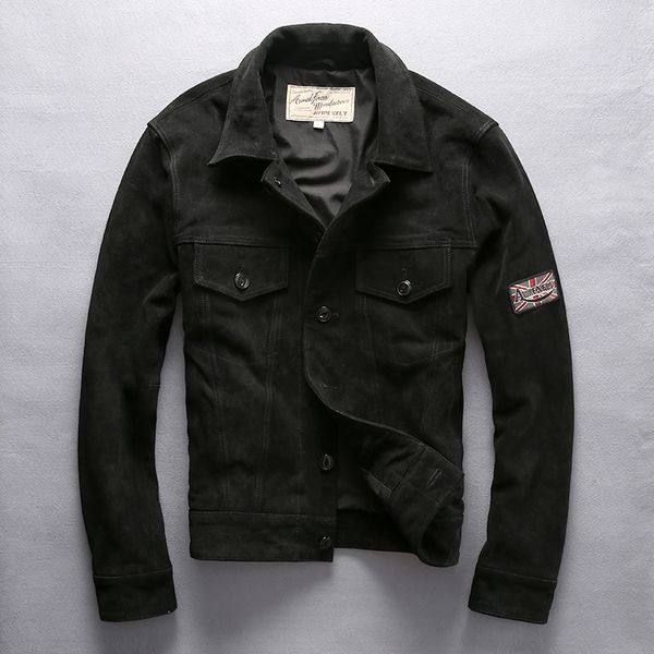 

men's slim fit suede jacket turn down collar single breasted genuine leather jacket men casual leather coat for men, Black