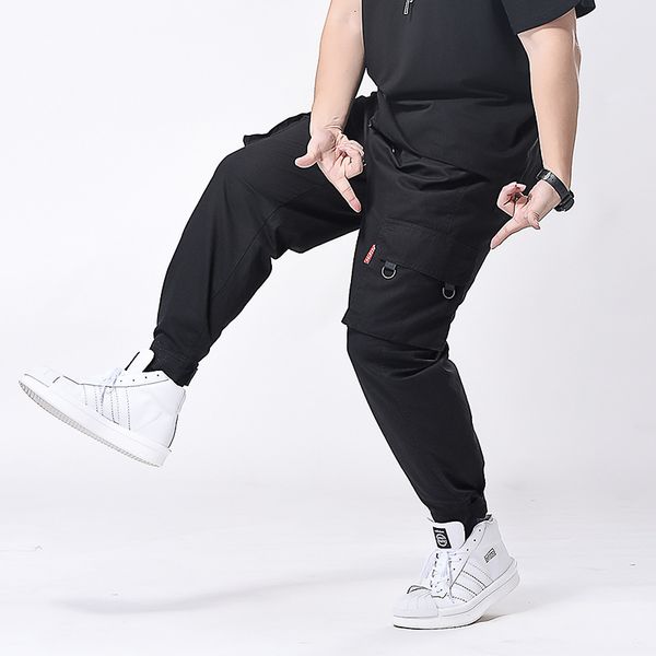 

oversized plus 7xl elasticity high waist small feet tooling multi-pocket fat guys casual pants, Black
