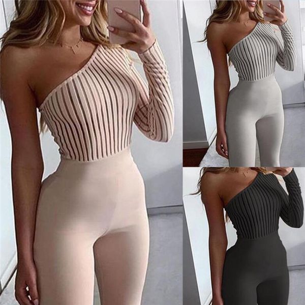 

one shoulder slim jumpsuit overalls elegant long sleeve ribbed knit rompers playsuit women backless skinny bodysuit bodycon, Black;white