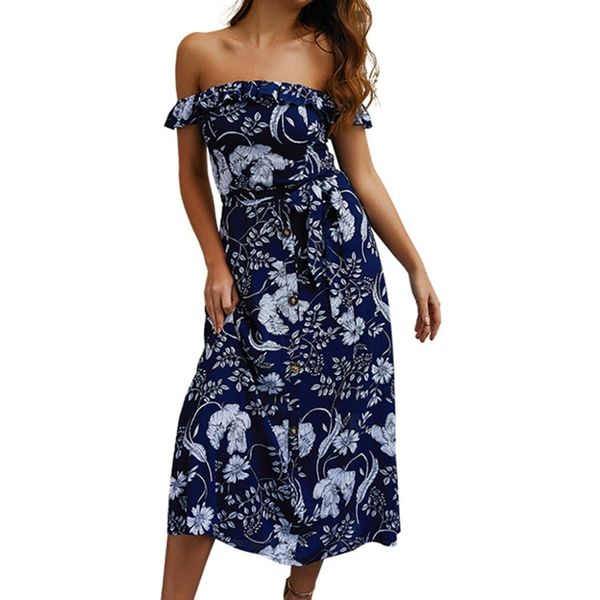 

2019 new summer women fashion ladies off shoulder beach printed mid-calf length slash neck dress ukienki damskie mujer #f7, Black;gray