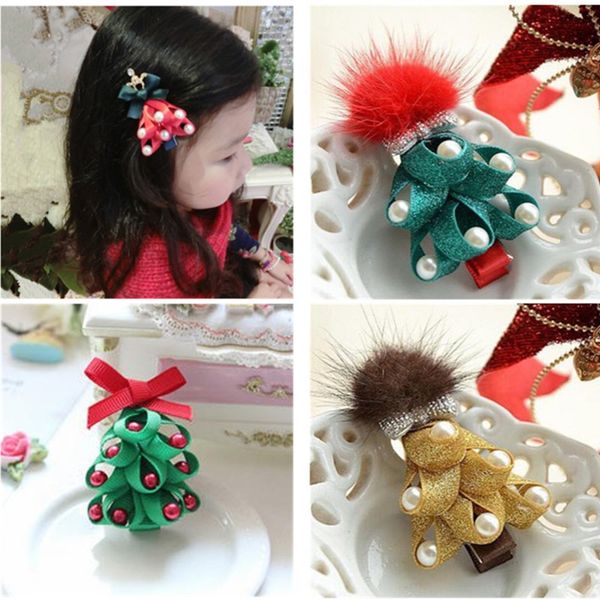 

10pcs/lot new christmas tree hair accessories lovely bowknot pearl decor girls hair clip kids party hairgrip handmade headwear, Slivery;white
