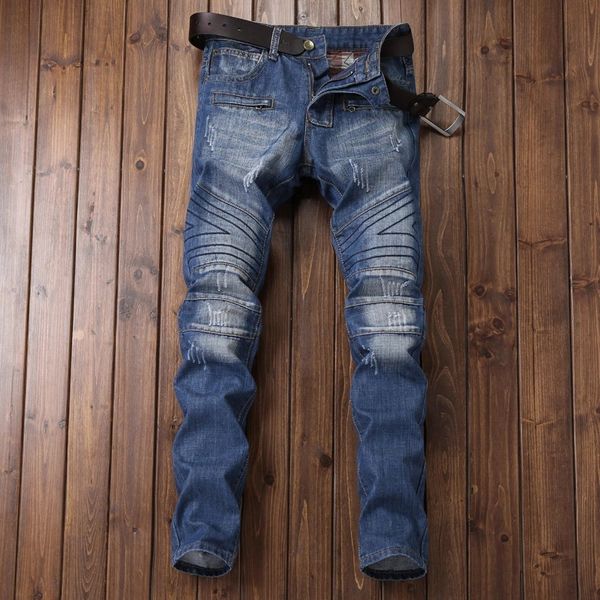 

new blue men's jeans fashion urban fold locomotive trousers wear personalized european and american street fashion brand slim designer
