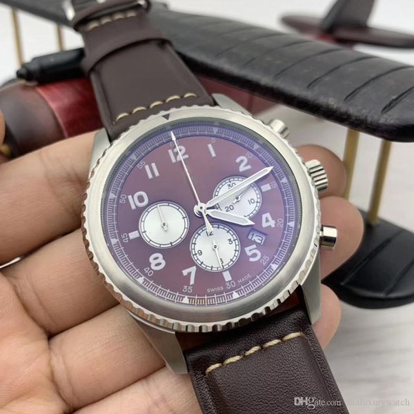 

rotating fluted bezel chrono aviator 8 quartz chronometer luminous arabic numerals red dial mens watch watches wristwatches, Slivery;brown