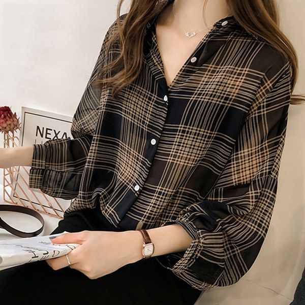 

2019 autumn chic plaid shirts women batwing sleeve chiffon blouses casual chemise femme plus size tartan blusas mujer, White