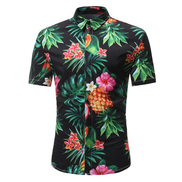 

hawaiian style beach man shirts pineapple leaf print lapel shirt men's casual floral shirt, White;black