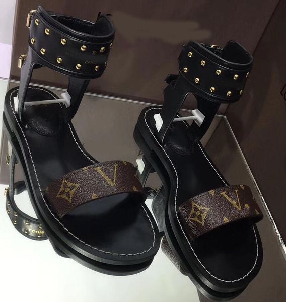 

new european style classic women sandals fashion shoes vamp solid metal belt buckle comfort letter decoration size 35-41 with box l2, Black