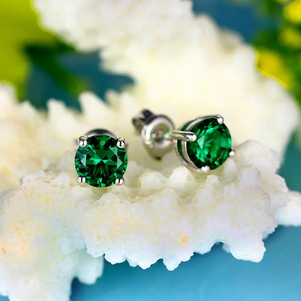 

cute female 8mm round emerald green stone earrings sterling silver wedding earrings for women vintage double stud, Golden;silver