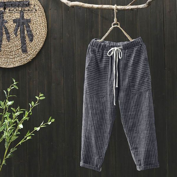 

zanzea women striped pants casual elastic waist harem pants plus size vintage turnip trousers spring loose pantalon streetwear, Black;white