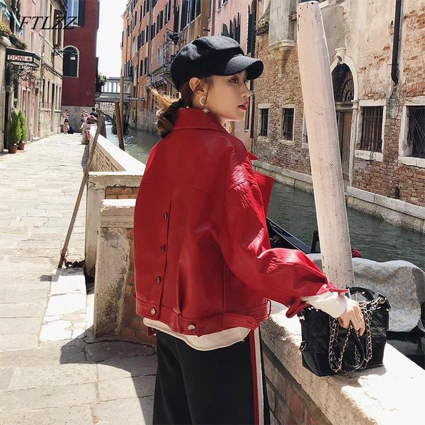 

ftlzz autumn faux leather jacket women loose turndown collar single breasted motorcycle leather coats t190923, Black;brown