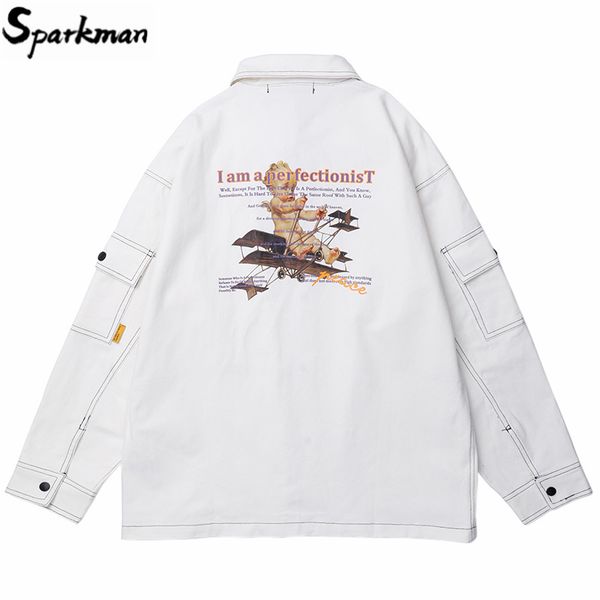 

2019 mens hip hop cargo jacket streetwear harajuku retro jacket windbreaker kid plane print white coat autumn street wear, Black;brown