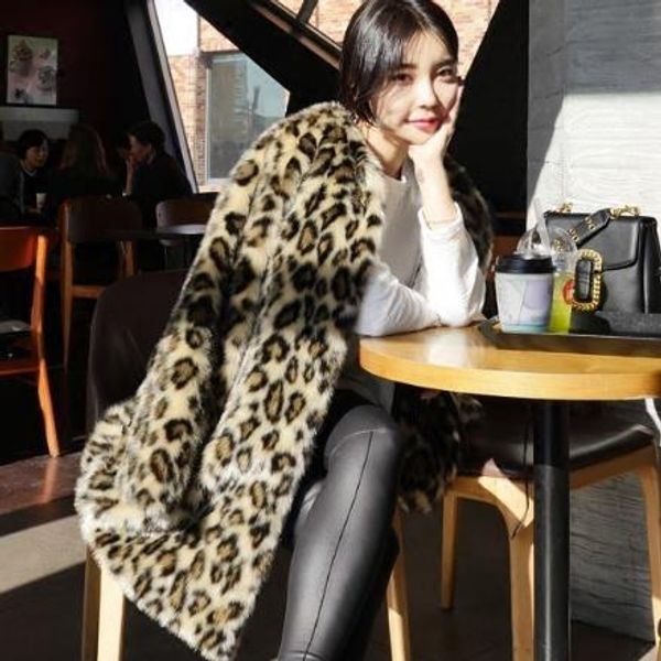 

furry leopard women faux fur coat 2019 6xl 5xl oversized fur jacket winter outwear leopard printed faux coat j399, Black