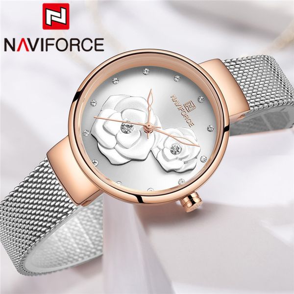 

naviforce women watch silver rose gold ladies wristwatch mesh stainless steel bracelet flower female clock 5013, Slivery;brown