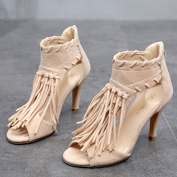 

2020 new summer women heels sandals models large size high heel fish mouth tassels with zipper low heel woman sandals, Black