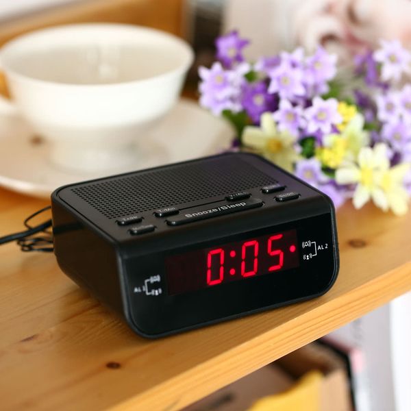 

compact digital alarm clock fm radio with dual alarm buzzer snooze sleep function red led time display