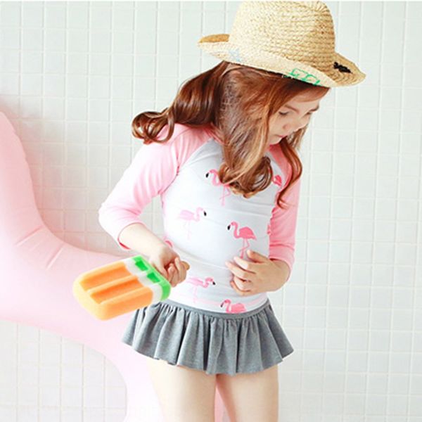 

yilang girl swimwear swimsuit swimsuit medium and big baby children's sunscreen long sleeve girl split skirt flamingo swimwear, White;black